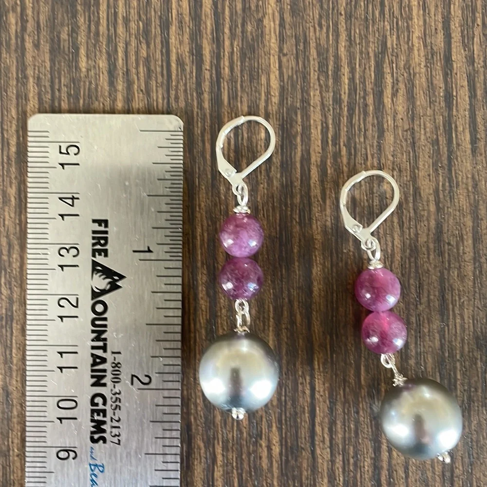 HAND CRAFTED BON BON EARRINGS Purple Lepodite Silver Glass Pearl Ball Drop